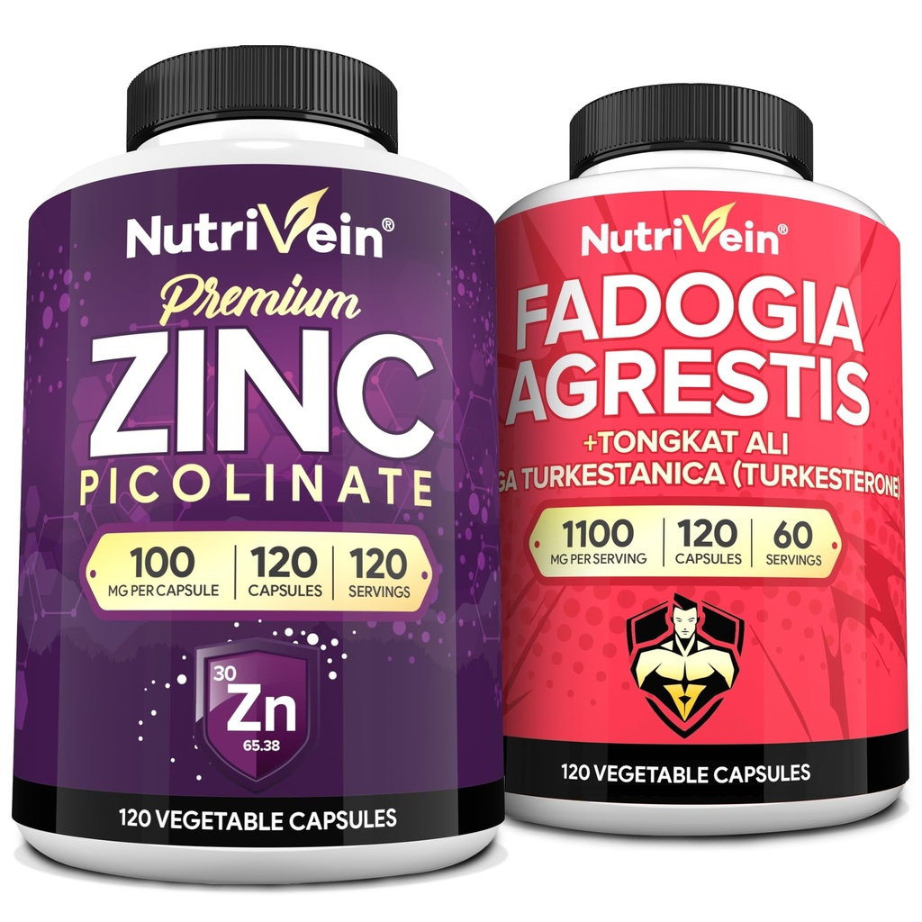 Nutrivein Premium Zinc Picolinate & Fadogia Agrestis and Tongkat Ali Supplement Bundle: Tongkat Ali Fadogia Agrestis & Zinc Picolinate Supplements for Fitness, Vitality, and Overall Wellness