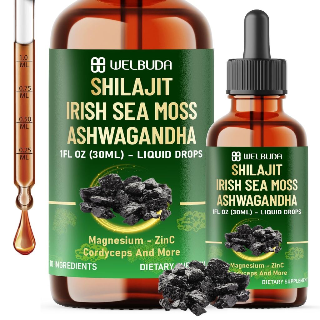 WELBUDA 10in1 Shilajit Liquid Drops with Magnesium, Zinc, Shilajit, Irish Sea Moss, Ashwagandha, Cordyceps Mushroom, Tongkat Ali, Stinging Nettle Root, Rhodiola Rosea - 1 FL Oz - 60 Day Supply