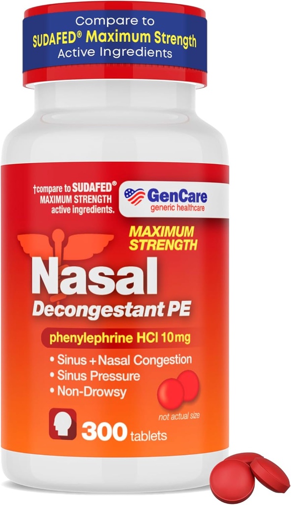GenCare - Nasal Decongestant (10mg Таблети) Фенилефрин HCl (300 таблетки на бутилка)  по-долу Pack Non Drowsy Синус и Назални Концесионни Релеф  год.