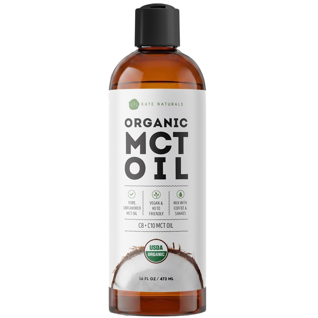 Kate Naturals MCT Oil for Coffee & Keto (16oz) USDA Certified Organic MCT Oil Liquid with only C8 & C10. Odorless Fuel for Body & Mind. No Aftertaste