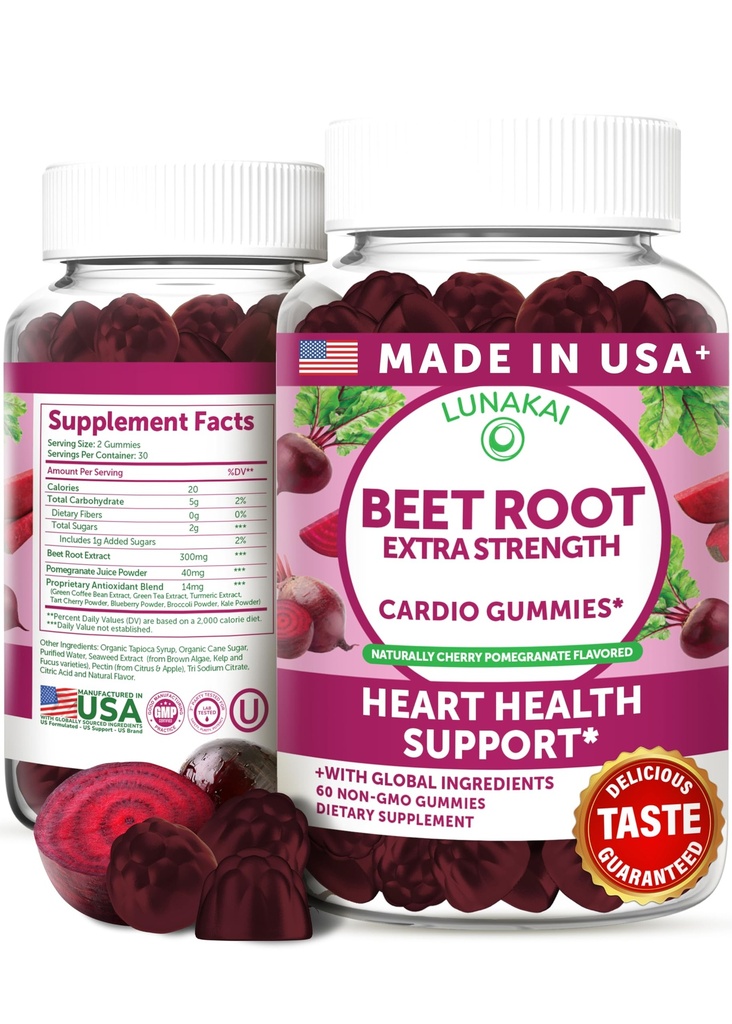 Lunakai USA Made Beet Root Gummies with 7-Antioxidant Blend - 4:1 Extract Non-GMO Vegan Beet Chews for Daily Natural Energy, Men & Women, 60ct
