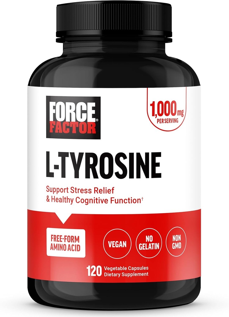 FORCE FACTOR L Tyrosine压力救济补充,L-Tyrosine 成人脑健康补充,L-Tyrosine 500mg Capsules, Free Form, Vegan, No Gelatin, Non-GMO, 120 Capsules