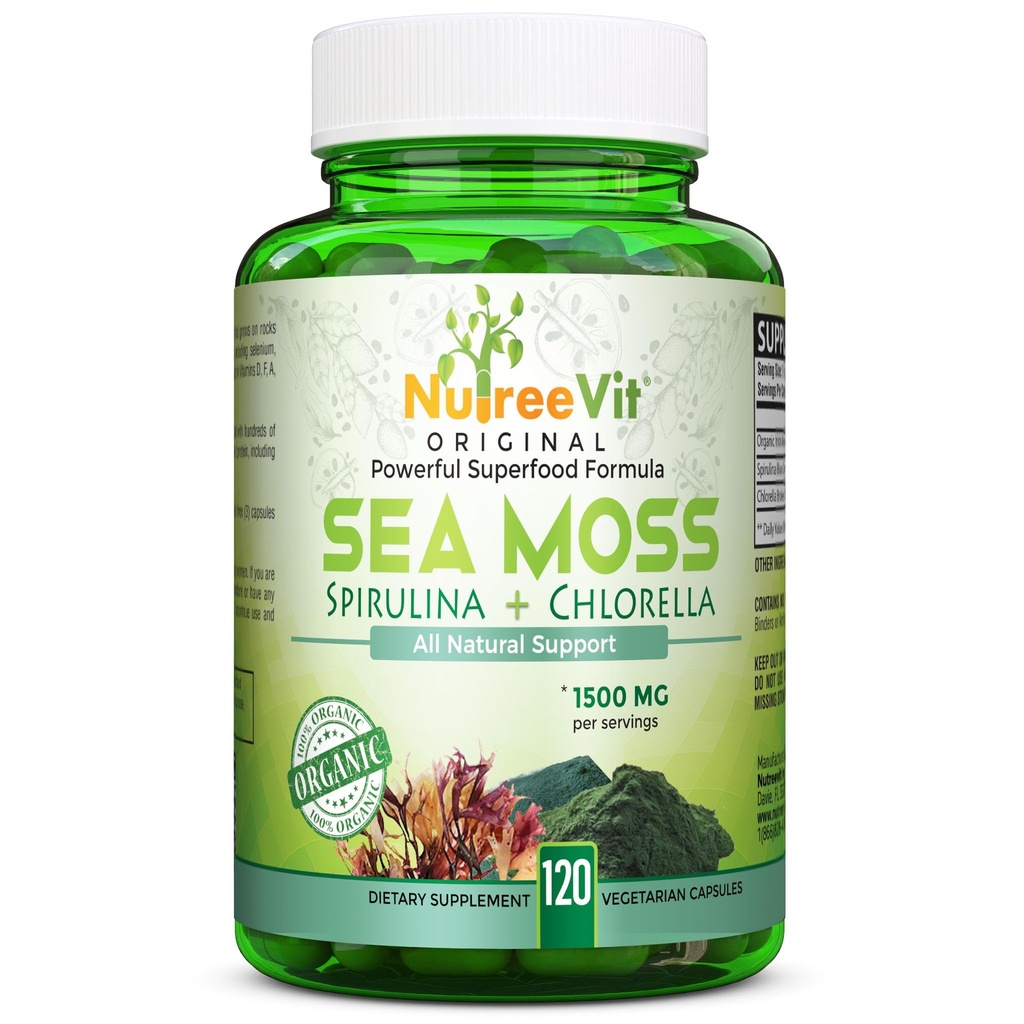 NutreeVit 100% Organic - Sea Moss+ Spirulina+ Chlorella (90 Capsules)