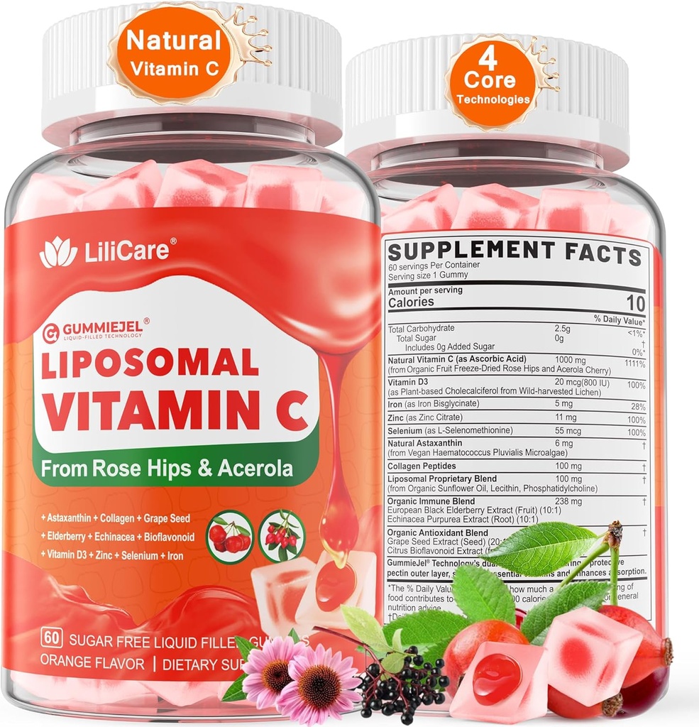 Real Liposomal วิตามิน C 1000mg Gummies for Auther Febs 9+, 1660 mg วิตามิน C w/ 11mg Zync, D3, อองเดอร์เบอร์รี่, Echinacea, ไบโอฟล็อนอยด์, Immun รองรับ - ISBIT C จากผลไม้, Frees.