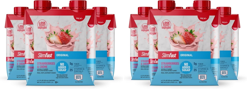 SlimFast Meal Replacement Shake, Original Strawberries & Crème, No Added Sugar, Meal Replacement Shakes, 10g Ready to Drink Protein, 5g Fiber, 25 Vitamins and Minerals, 11 Fl. Oz, 12 Count (Pack of 2)