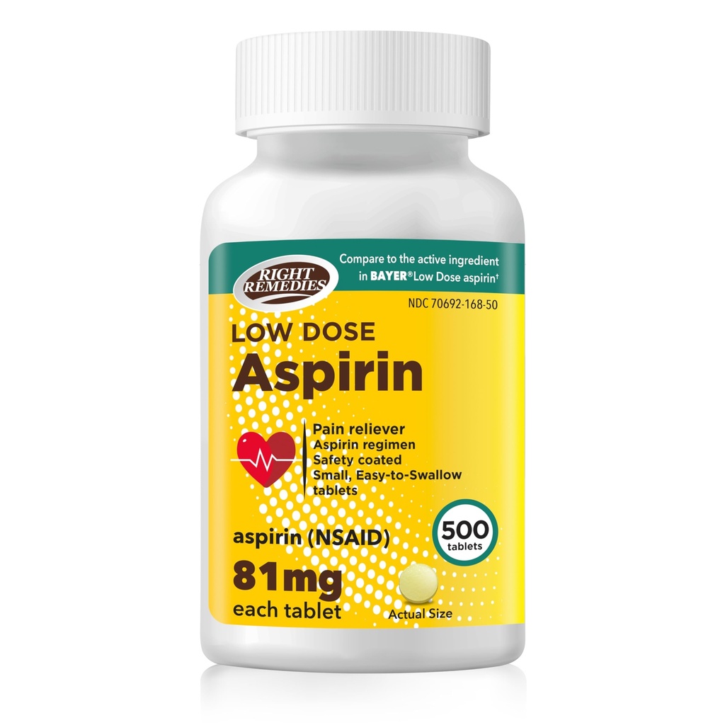 RIGHT REMEDIES Low Dose Aspirin 81mg, Enteric Coated Tablets, NSAID Pain Reliever & Fever Reducer for Adults, Compare to the Active Ingredient in Bayer® Low Dose Aspirin (500ct)