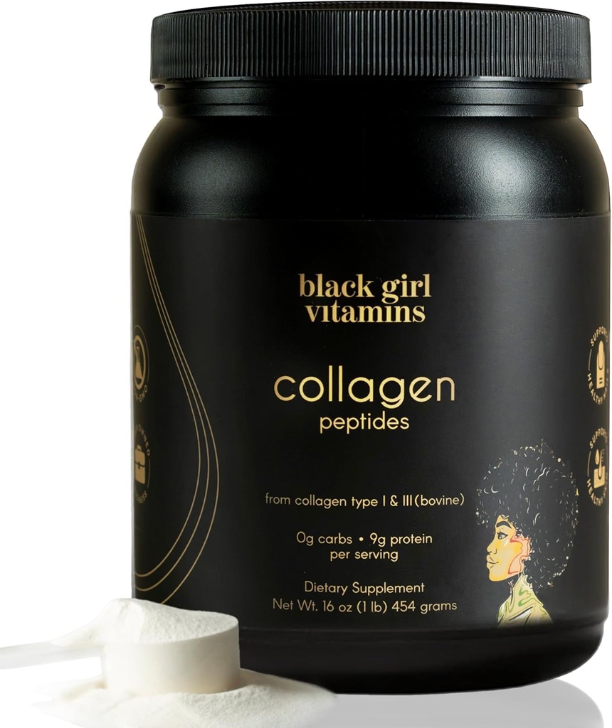 Black Girl Vitamins . . Collagen Pettides Powder - Колаген за кожа, коса и нокти - Неароматизирани Hydrolyzed Collagen Powder, Dairy-Free, Gluten-Free Collagen за жени и мъже - 16oz