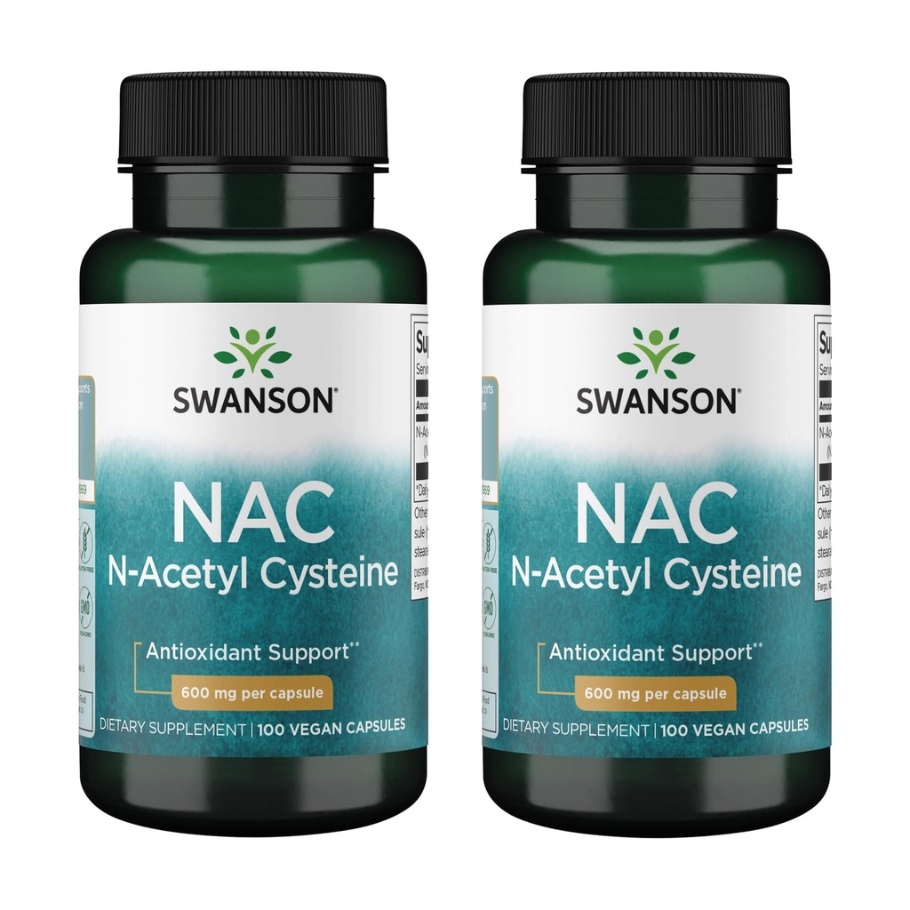 Swanson NAC N-Acetyl Cysteine Liver Health and Antioxidant Supplement for Adults Seeking Detox and Free Radical Support - 600 mg (100 Vegan Capsules, 2 Pack)