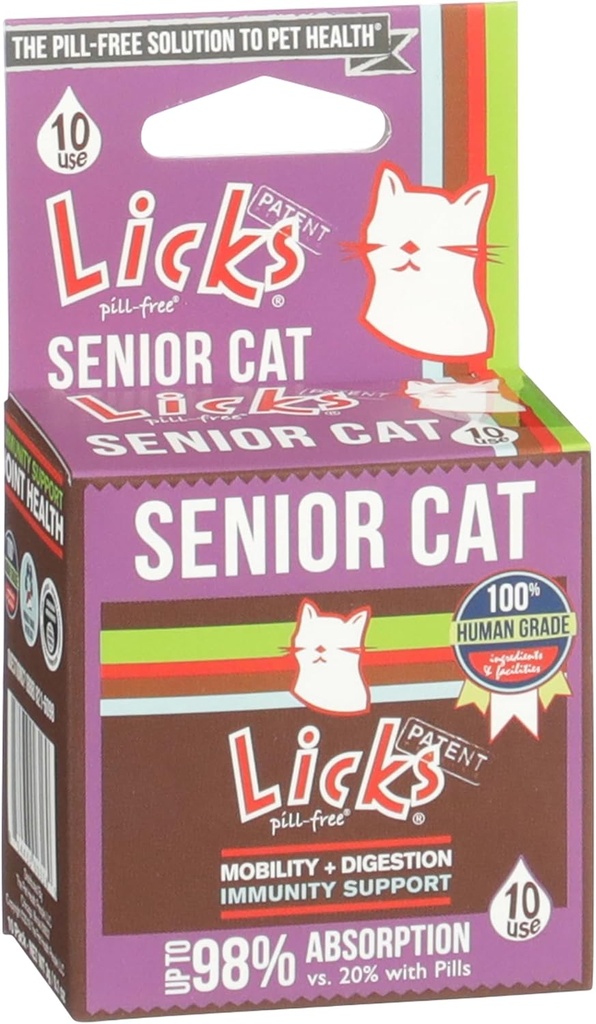 Licks Pill-Free Senior Cat - Joint Support & Digestion Supplement for eldre katter - Immunitet Vitaminer og hjerte helse kosttilskudd for eldre katter - Gel Packets - 10 Bruk