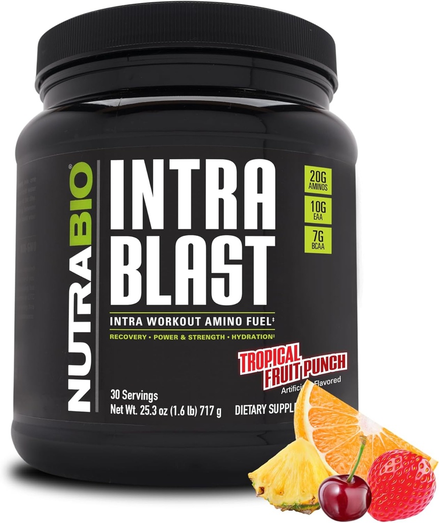 NutraBio Intra Blast Bcaa Pulbere Aminoacid Supliment, Electrolit & Hidratare Blend, Intra, Pre Antrenament & Recuperare musculară, 20g Eaa Amino Acids Pulbere, 5g Glutamina- fructe tropicale Punch, 30 Servire
