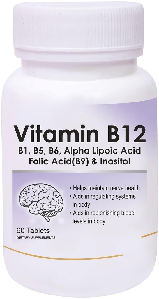 Vitamin B12 with B1, B5, B6, B9(Folic Acid), Alpha Lipoic Acid ALA & Inositol Supplements | Energy Management | Antioxidant | 60 Tablets