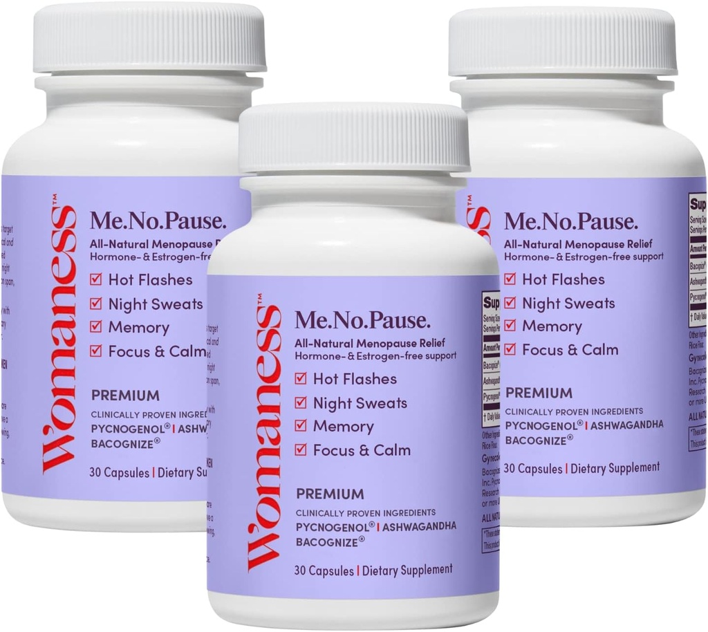 Womaness Menopause Supplements for Women - Perimenopause & Menopause Relief for Hot Flashes, Night Sweats, Vaginal Dryness, Brain Fog & Mood Support - Hormone & Estrogen-Free (3 Pack)