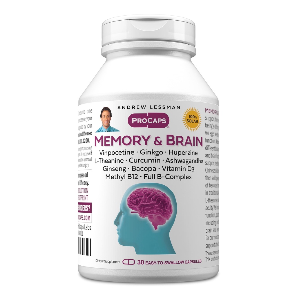 ANDREW LESSMAN Memory & Brain 30 Capsules – Naturally Supports Brain, Memory and Mental Acuity. with Ginkgo Biloba, Ashwagandha, Bacopa, Curcumin, Ginseng, B-Complex, Vitamin D3