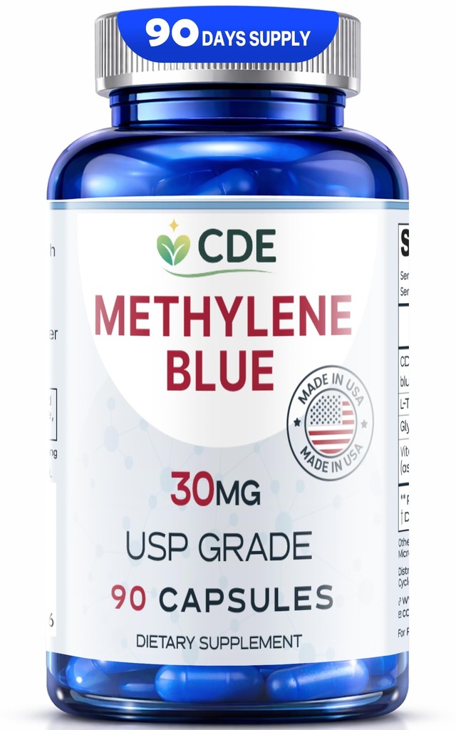 CDE Methylene Blue Capsules 30mg - Made in USA, 90 Days Supply - Pharmaceutical CDEMBC USP Grade, Third Party Lab Tested, Formaldehyde-Free, Non-GMO - Cellular & Cognitive Support