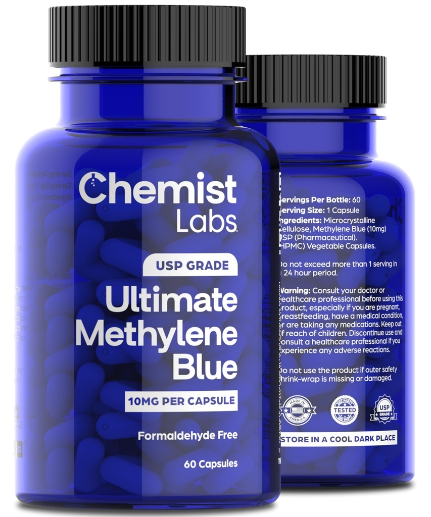 Methylene Blue Capsules for Humans - USP Grade 99% Purity, Methylene Blue Pharmaceutical Grade, Third Party Tested, Supports Cellular & Mitochondrial Function, Made in USA, 60 Count
