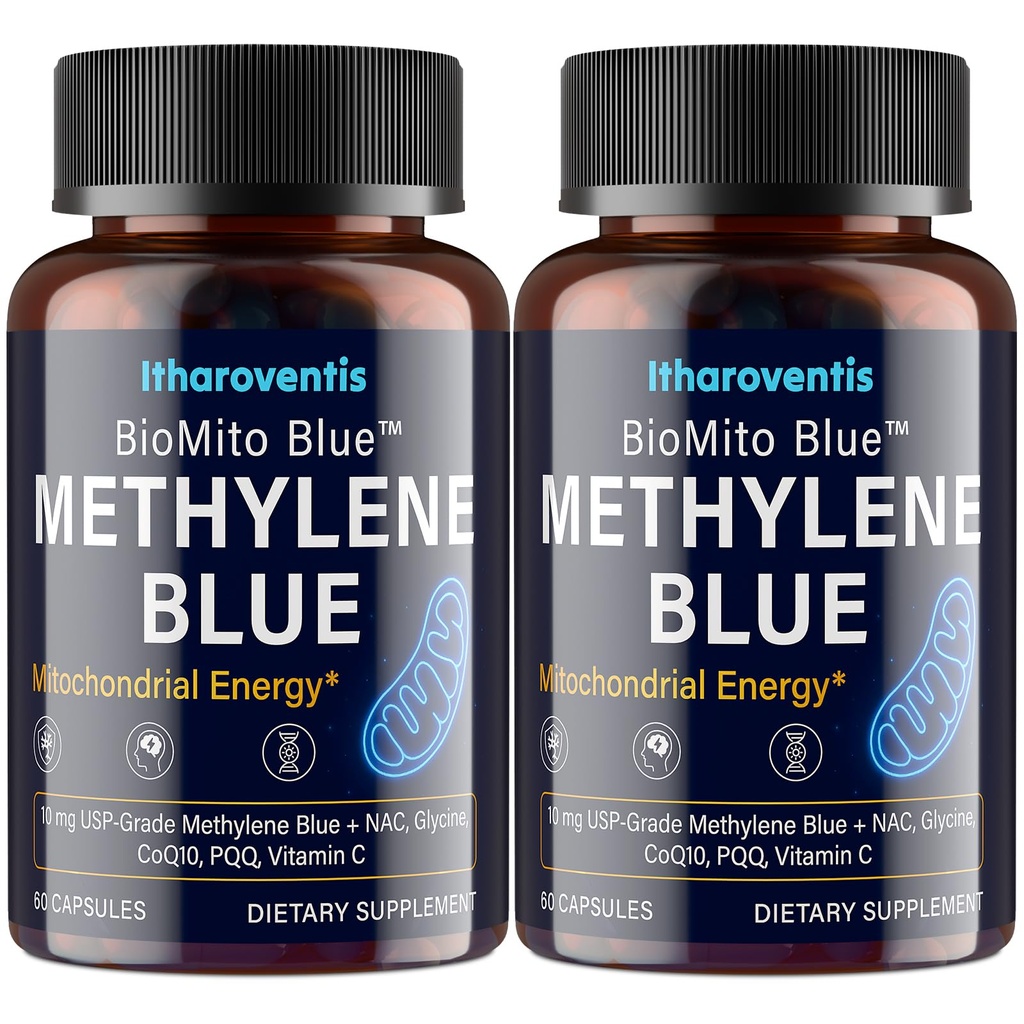 Itharoventis Methylene Blue Pharmaceutical Grade Capsules – USP Grade Brain Supplement with CoQ10, NAC, PQQ, Glycine & Vitamin C for Memory, Focus, Energy & Mitochondrial, No Formaldehyde - 120 Count