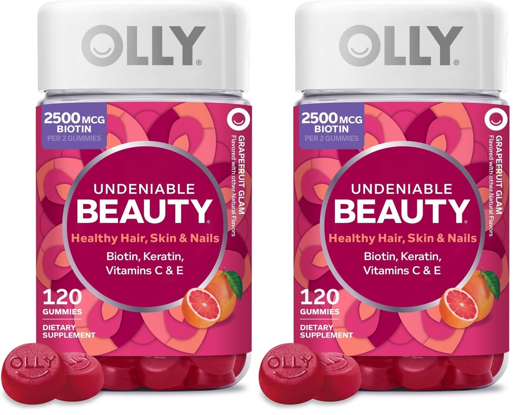 OLLY Hair Skin and Nails Gummies - Undeniable Beauty with Biotin 2500mcg Per 2 Gummies, Keratin & Vitamin C - Supports Healthy Hair, Skin, & Nails - Grapefruit Flavor, 120 Count (Pack of 2)