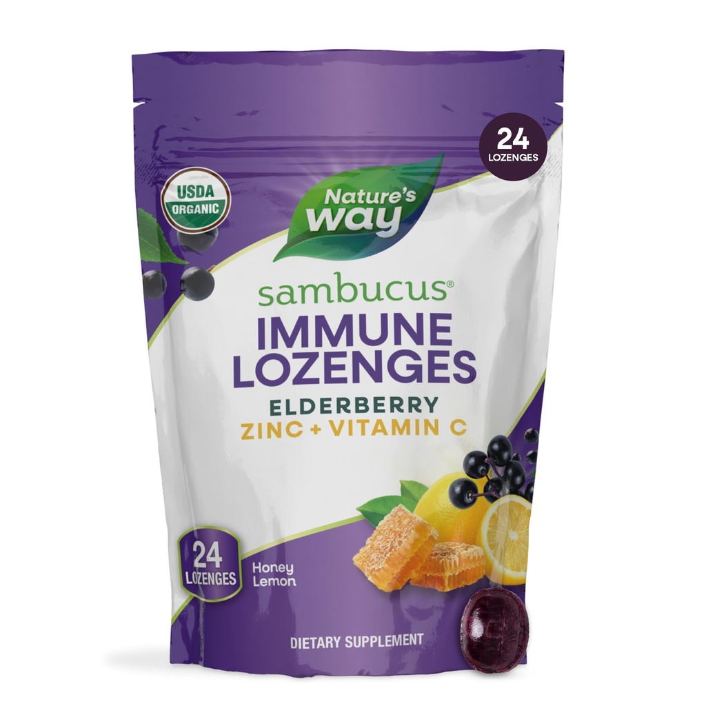 Nature's Way Sambucus Zinc Lozenges with Elderberry and Vitamin C, Honey Lemon Flavor, 24 Lozenges