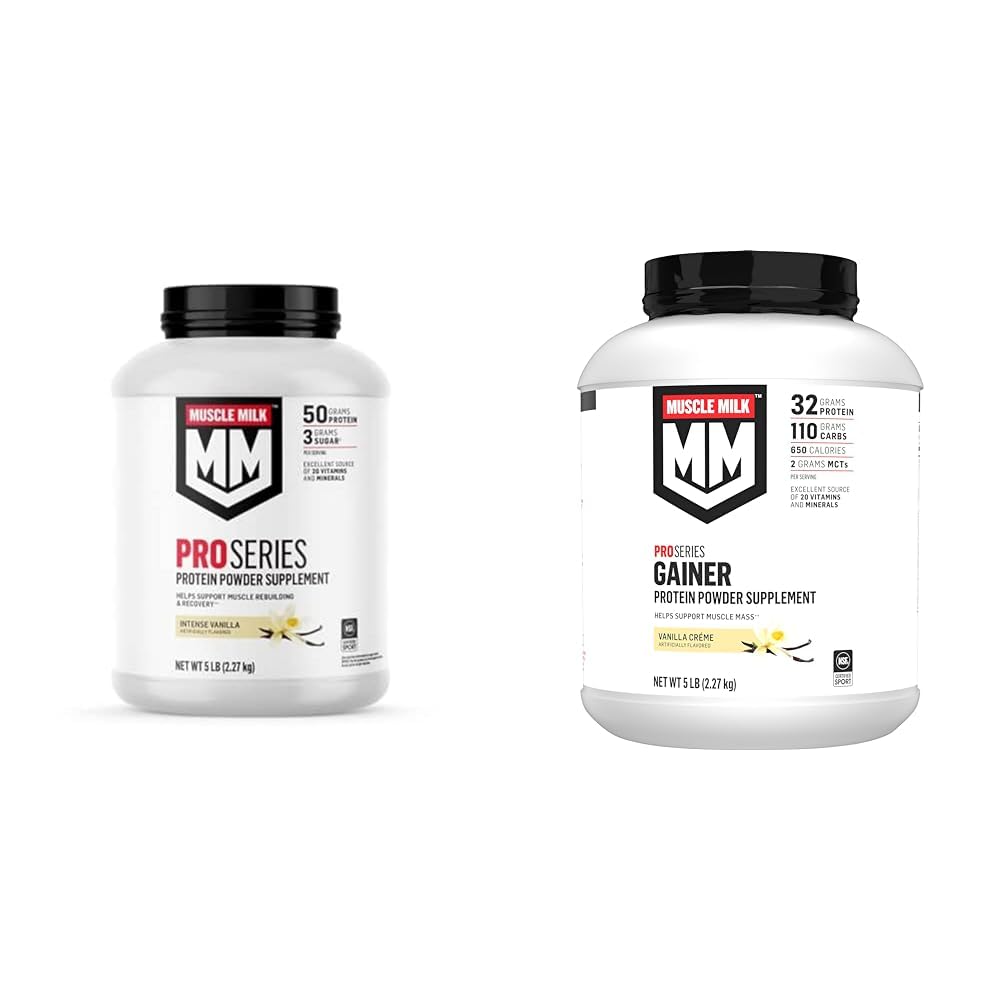 Muscle Milk Pro Series Protein Powder Supplement, Intense Vanilla, 5 Pound, 28 Servings & Gainer Protein Powder, Vanilla Creme, 32g Protein, 5 Pound