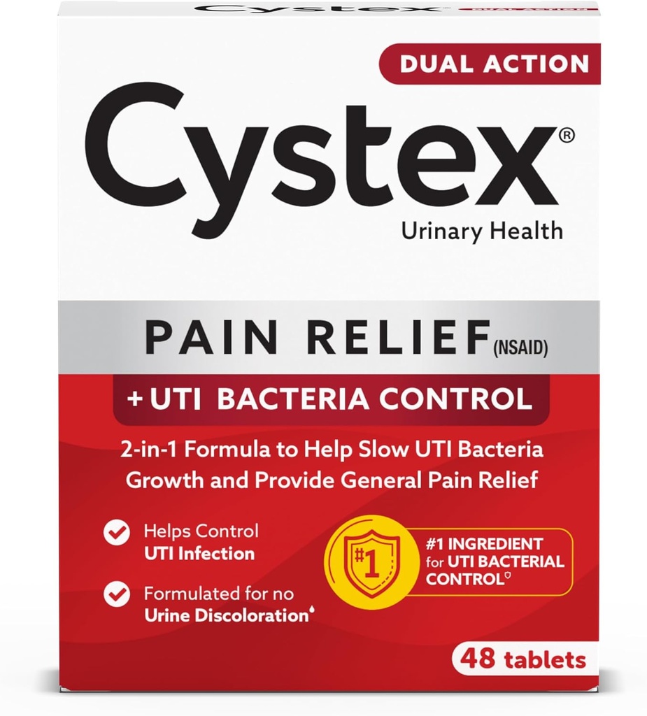 Cystex Dual-Action UTI Pain Relief & Prevention Tablets - 2-in-1 Formula Reliefs Discomfort & Slows Bacterial Growth - Non-Staining - 48-Count