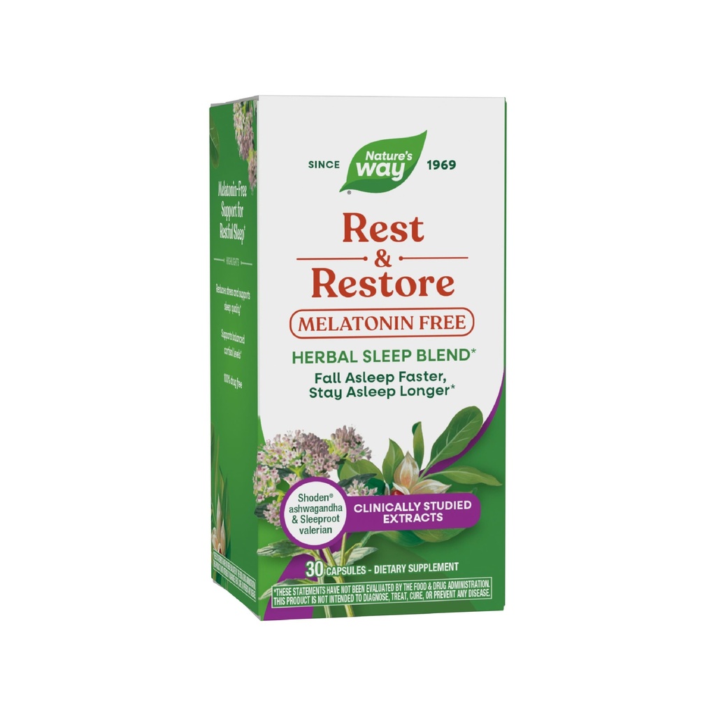 Nature's Way Rest & Restore, Melatonin-Free Sleep Supplement*, with Ashwagandha, Valerian, Vegan, 30 Capsules