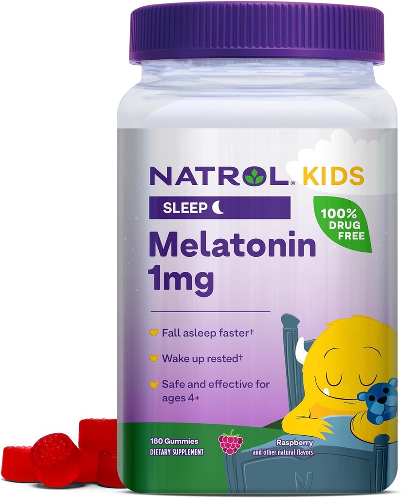 Natrol Kids Melatoniin 1 mg, toidulisand rahutuks uneks, melatoniini kummikud lastele, 180 vaarikamaitselised kummikud, kuni 180 päeva pakkumine