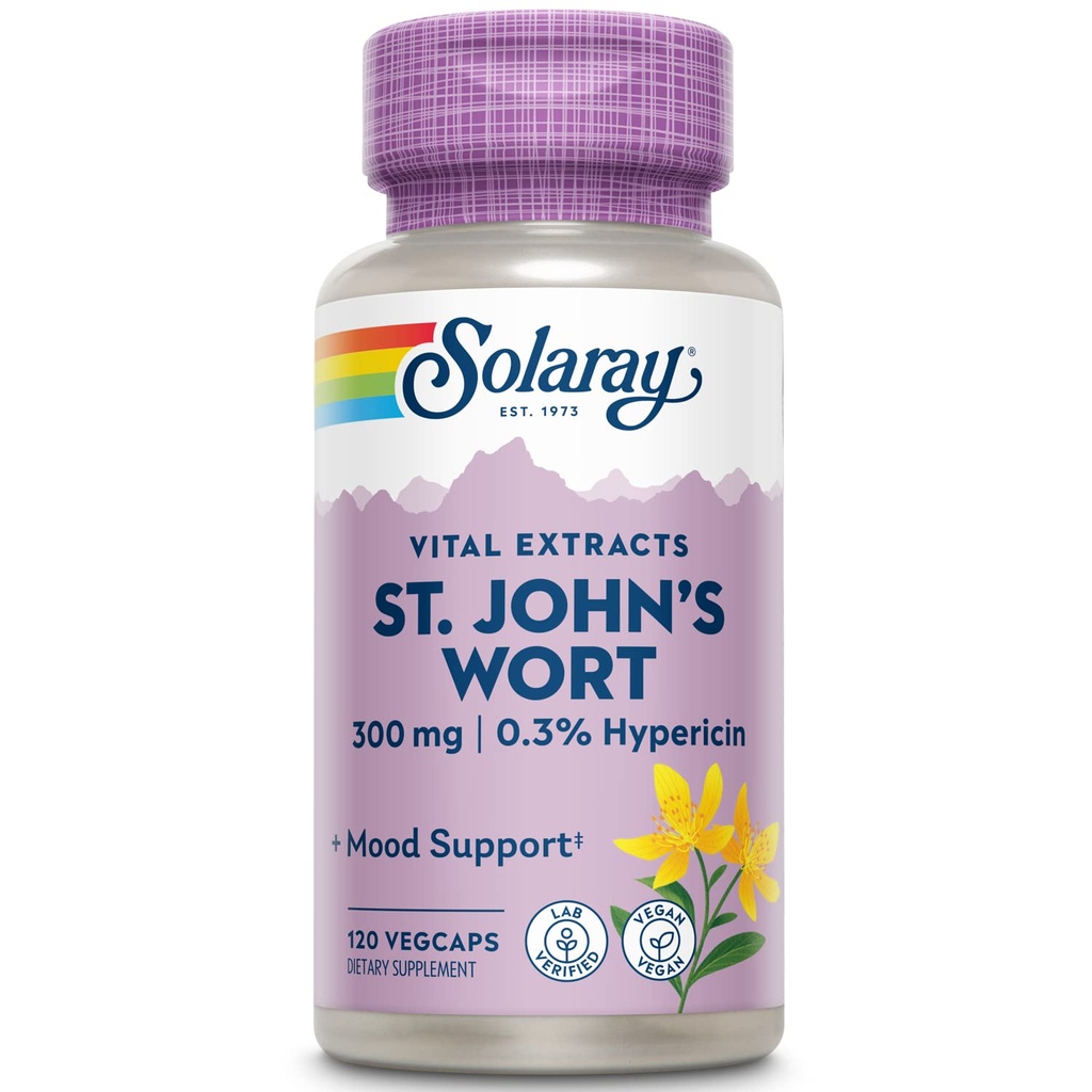 SOLARAY St Johns Wort Aerial Extract 300 mg, 0.3% Hypericin, Mood & Brain Health Support, Vegan & Lab Verified for Quality, 120 Servings, 120 VegCaps