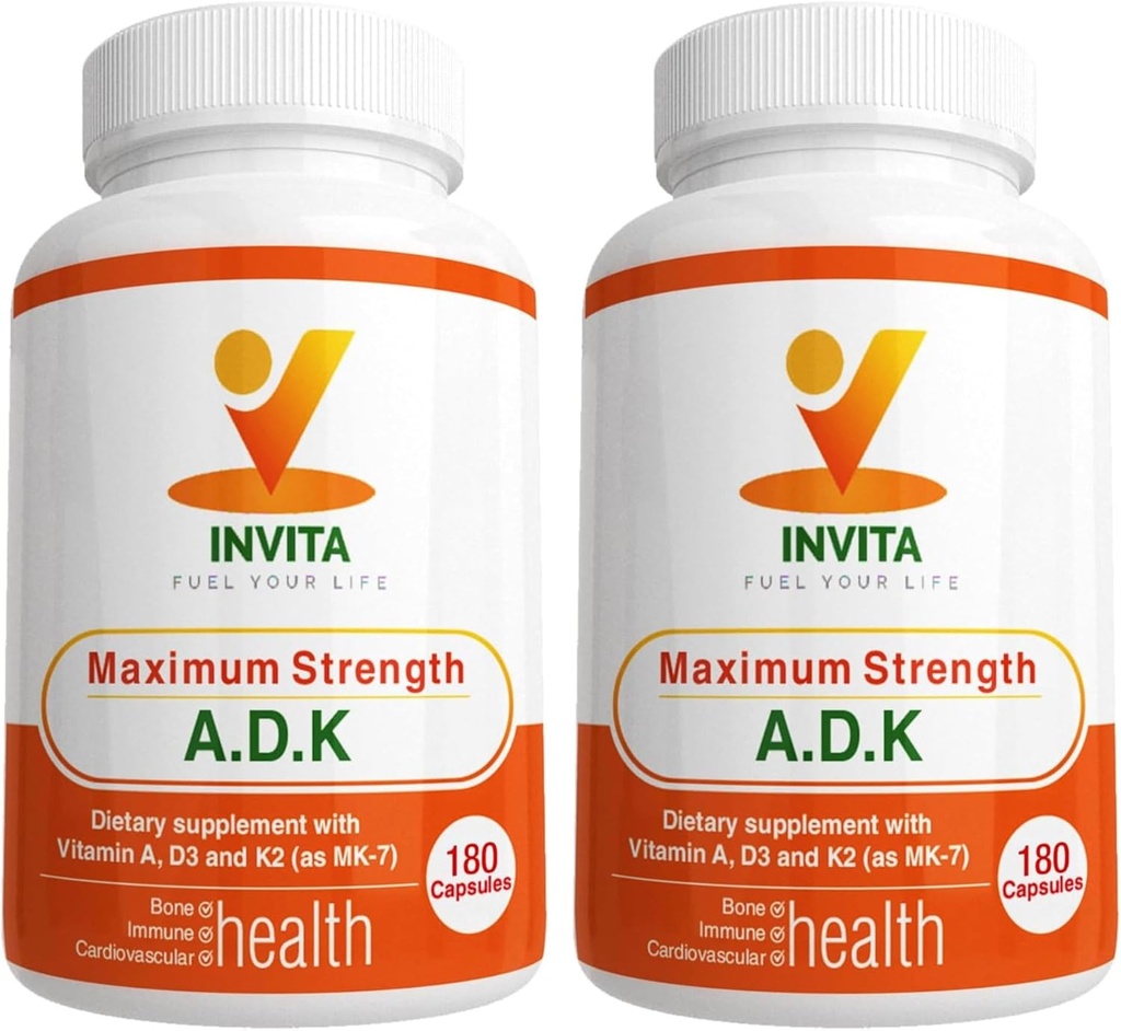 INVITA ADK - Vitamins A1, Vitamin D3 5000 IU & K2 MK7 Supplement - Physician Formulated Bone & Immune System Support - Gluten Free, Non-GMO - 180 Vegetarian Capsules for Men & Women