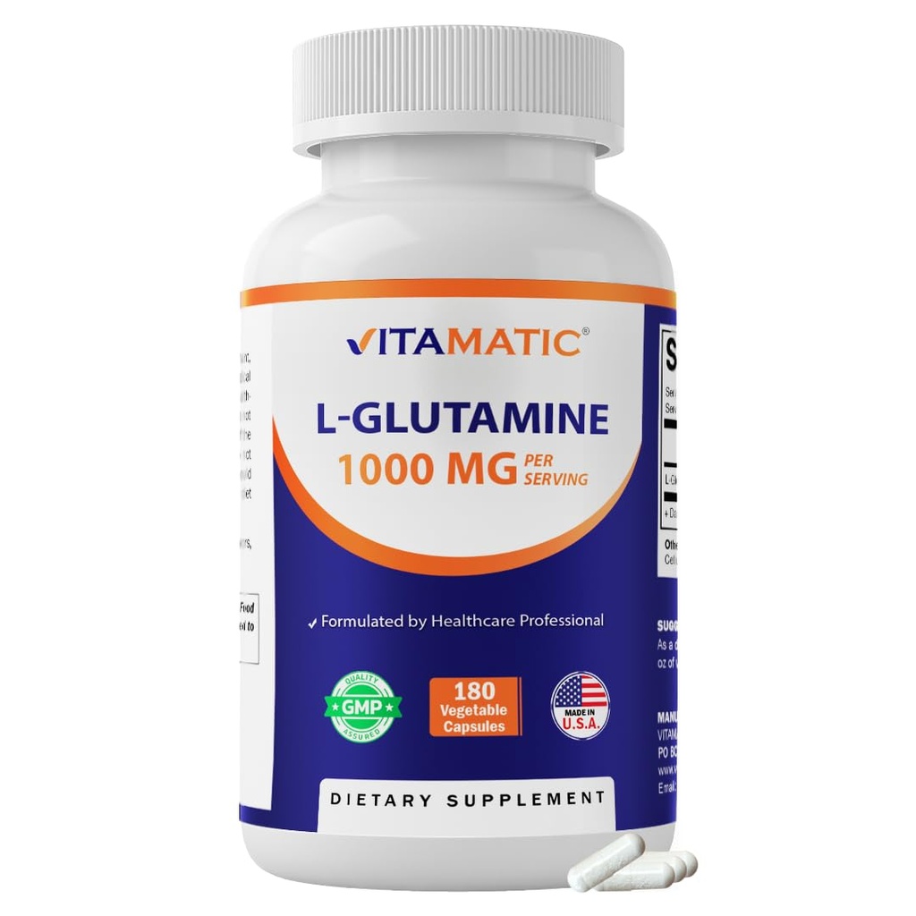 Vitamatic L-Glutamine 1000 mg Per Serving, 180 Vegetarian Capsules, Non-GMO, Gluten Free, Amino Acid Supplement, Made in the USA