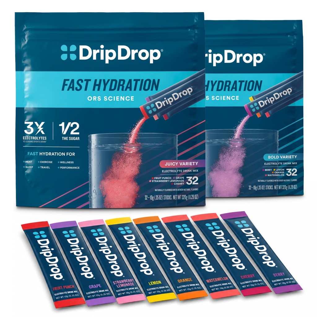 DripDrop Hydration - Electrolyte Powder Packets - Watermelon, Berry, Lemon, Orange, Fruit Punch, Grape, Strawberry Lemonade, Cherry - 64 Count