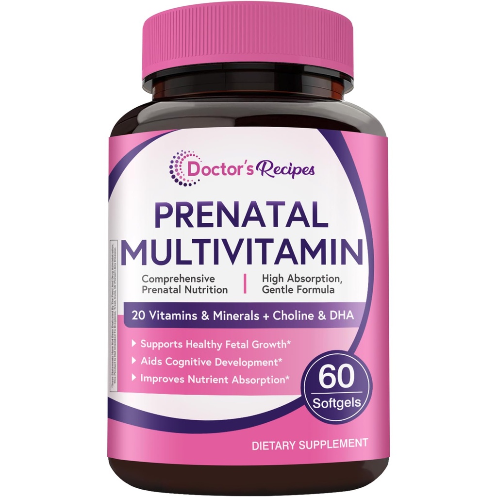 Doctor's Recipes Prenatal Multivitamin with DHA & Folate (L-5-MTHF) for Expecting & Planning Moms, Gentle Comprehensive Nutrient Support, 60 Softgels
