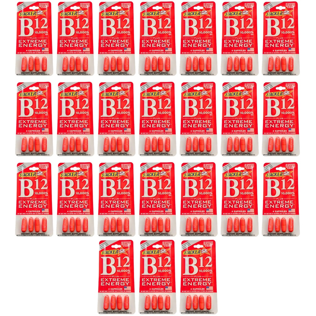 Stacker B12 Extreme Energy Capsule 10,000 RDA Vitamin B Complex B12 B6 B3 B7- Vegansafe & Vegan Cyanocobalamin, B6 Pyridoxine - 40mg B7 Biotin B3 Niacinamide (Niacin) 20mg (24 Pack - 96 Capsules)