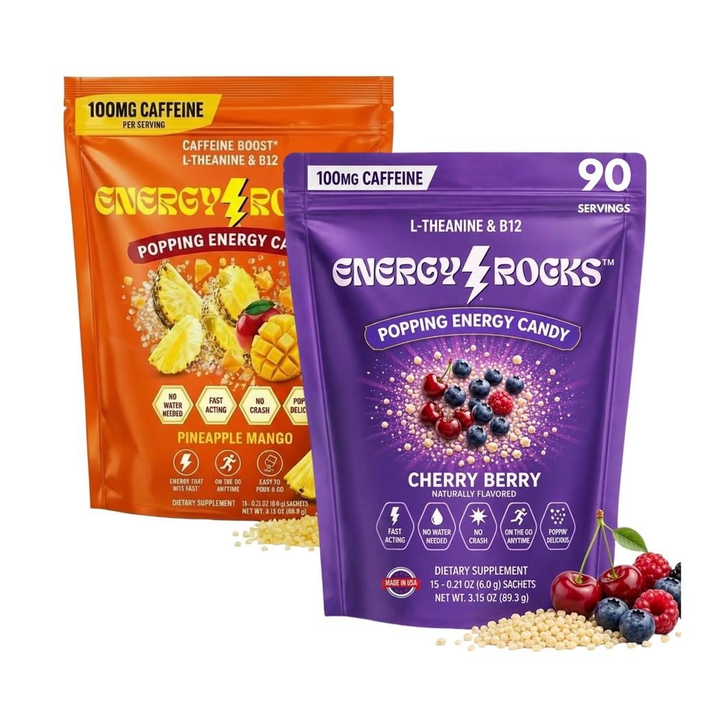 Caffeine Candy Variety Pack – 90 Servings, Popping Energy Candy Crystals with 100mg Caffeine, L-Theanine & B12 – No Drink Needed Coffee Alternative (Cherry Berry & Pineapple Mango)