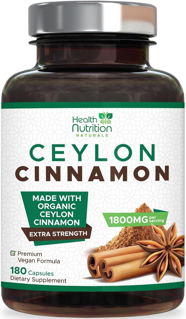 Ceylon Cinnamon 캡슐 1800mg - 인증 유기 Ceylon Cinnamon 분말 보충, 미국에서 병, 추가 강도 에너지 & 심장 지원 알약, 비 GMO & 글루텐 무료, 설탕 무료 - 180 캡슐