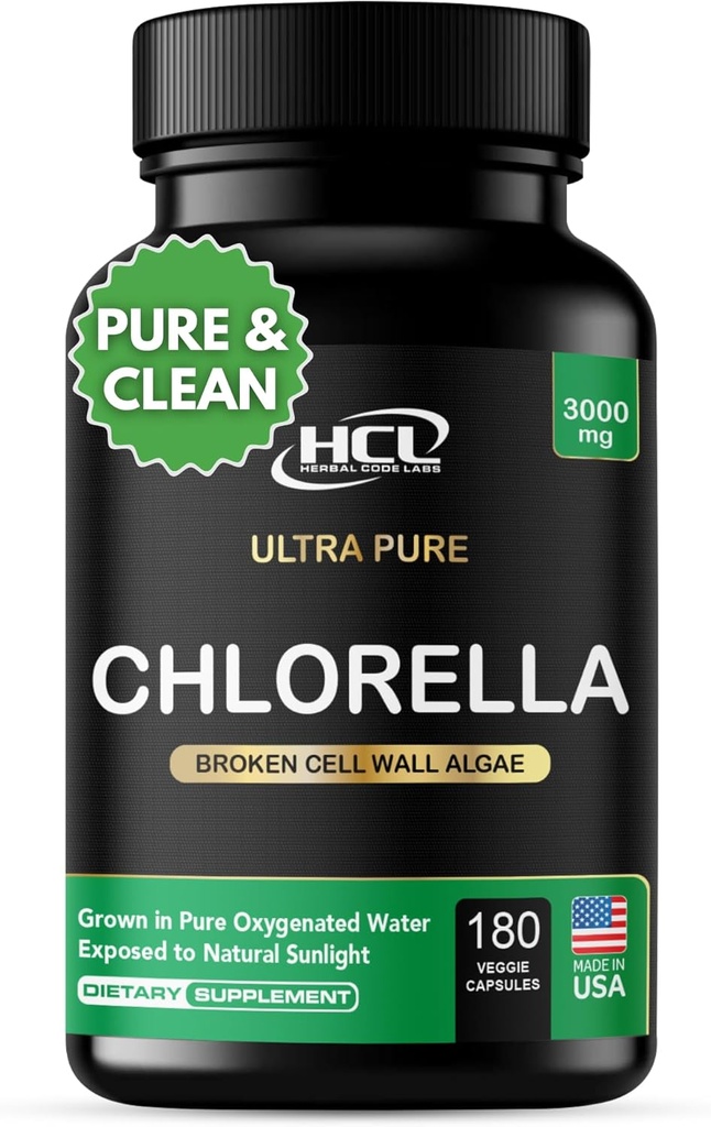 Chlorella Capsules 3000 mq - Cracked Cell Wall Blue Green Algae Supplement - Best Natural Detox Cleanse - Bitki Vitamini Minerals Chlorophyll Vegan Protein Toz Pills - Amerikada Made