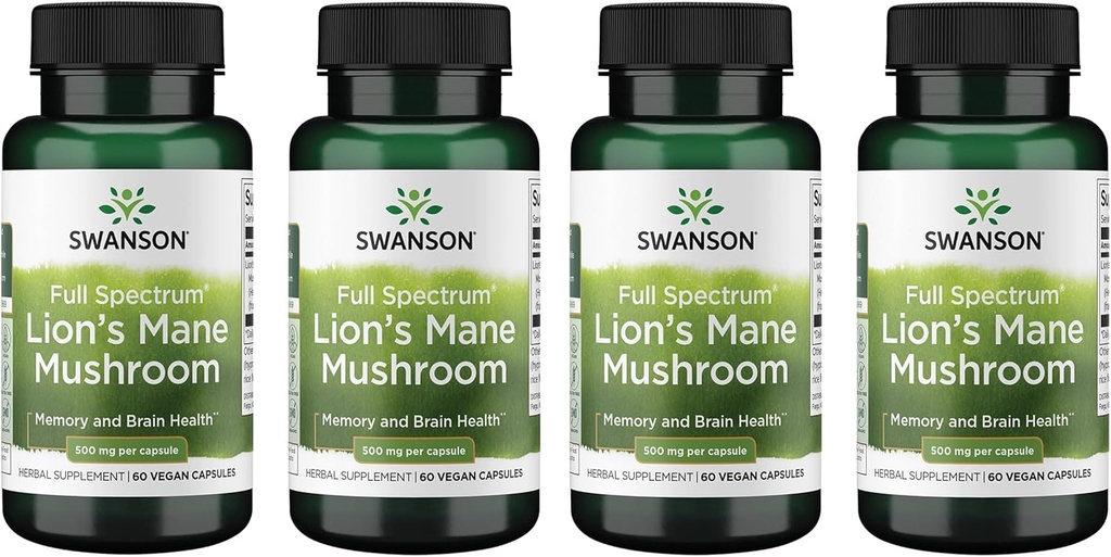 Swanson Full Spectrum Lion's Mane Mushroom - 支持记忆,焦点和清晰度的大脑健康补充* - May Also Aid Immune, Heart & Entertainive Health - Gluten - Free & Non-GMO - 60 Capsules (4 Pack) (英语).