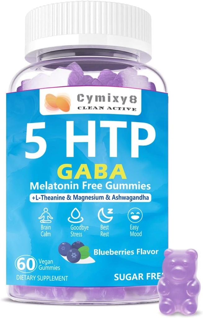 5-HTP GABA Gummies 1700mg, L Theanine, maşın, Ashwagandha, Omega-3-6-9, Natural Zzzs üçün Vitamin D3, B6, Mood, Brain-Calm, Blueberry Flavor 60Count