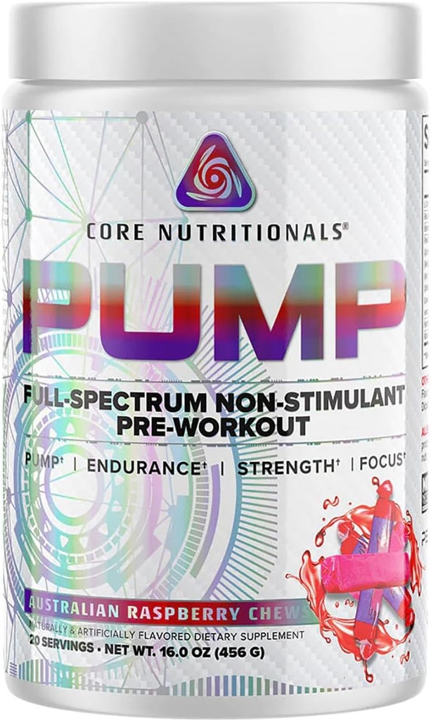 Core Nutritionals Pump Full-Spectrum Non-Stimulant Pre-Workout, met N03T Nitraat, Peak02, Alpha GPC, voor maximale pomp, sterkte en prestaties 20 porties (Austrailian Raspberry Chews)