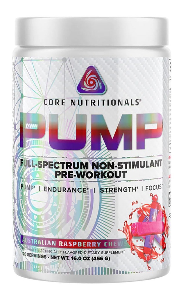 Core Nutritionals Pump Full-Spectrum Non-Stimulant Pre-Workout, with N03T Nitrate, Peak02, Alpha GPC, for Maximum Pump, Strength, and Performance 20 Servings (Austrailian Raspberry Chews)