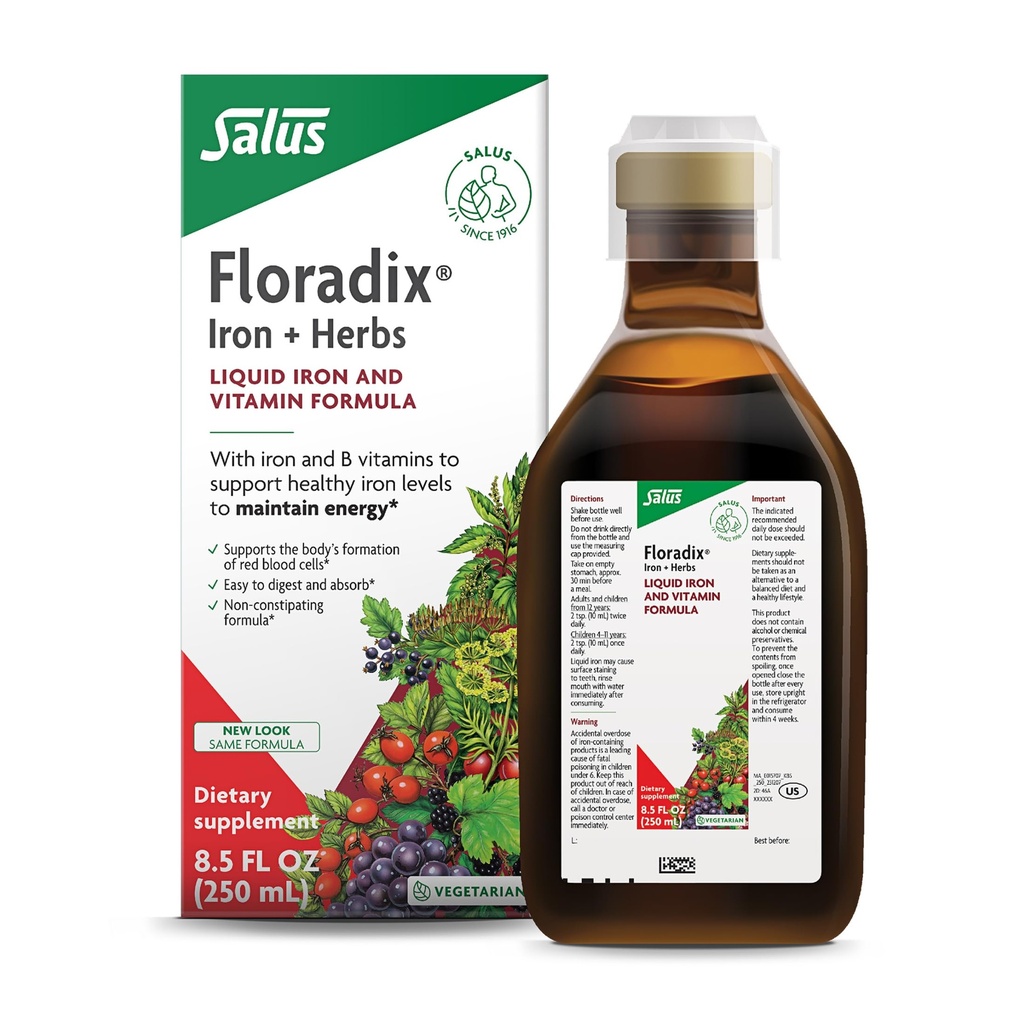 Floradix Iron & Herbs - Liquid Herbal Supplement for Energy Support - Iron Supplement with Vitamin C & Vitamin B Complex - Ferrous Gluconate Iron - for Men & Women - 8.5 fl oz
