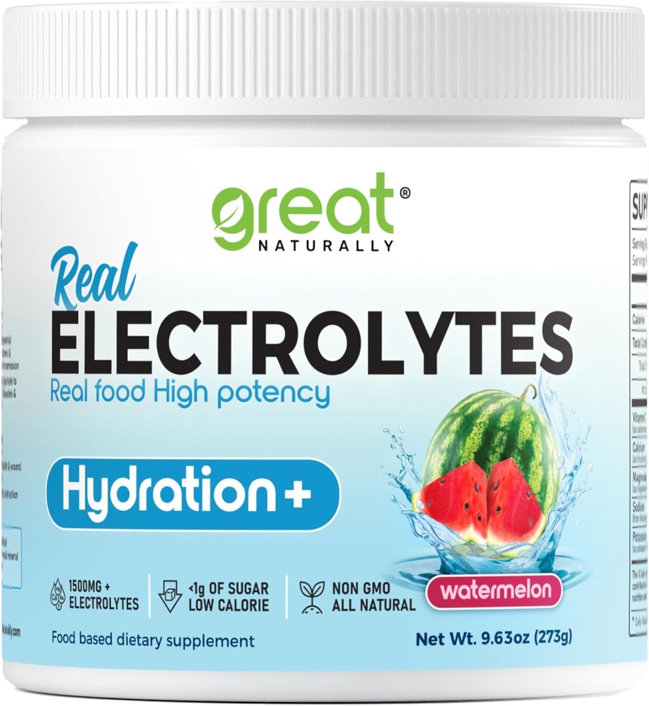 Electrolytes Powder Hydration | Real Food Alta potencia | Watermelon 30 Servimentos | po de alta potencia | mestura de bebida de hidratos | Suplemento de electrólito con calcio de potasio