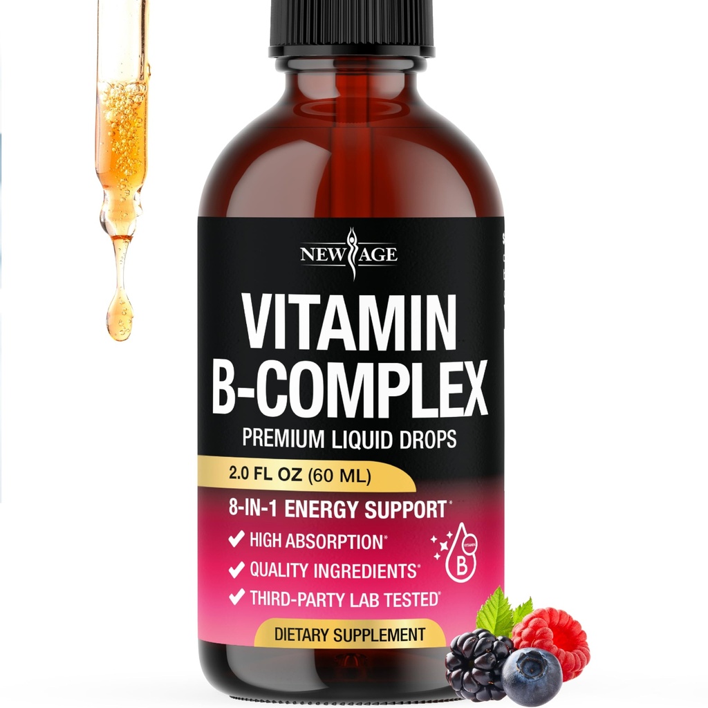 NEW AGE Vitamin B-Complex B5 Pantothenic Acid | B12 Methylcobalamin | B1 Thiamine | B6 Pyridoxine | B7 Biotin | B9 Folic | B3 Niacinamide - B Complex Liquid Drops, Made in USA Supplement - 2fl oz