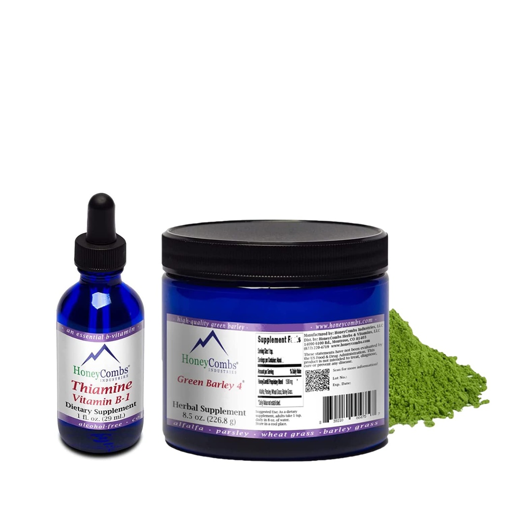 HoneyCombs Vitamin B1 Thiamine Supplement Liquid Drops and Green Barley 4 - Maintain Energy, Nervous System, Metabolism & Overall Well-Being (Thiamine Drops, 1 Fl Oz + Green Barley 4, 8.5 Oz Powder)