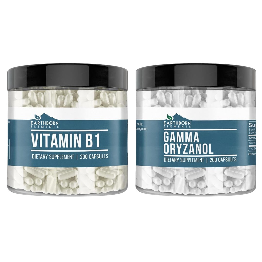 Earthborn Elements Vitamin B1 (Thiamine Mononitrate) and Gamma Oryzanol Bundle, 200 Capsules Each, Pure & Undiluted, No Additives