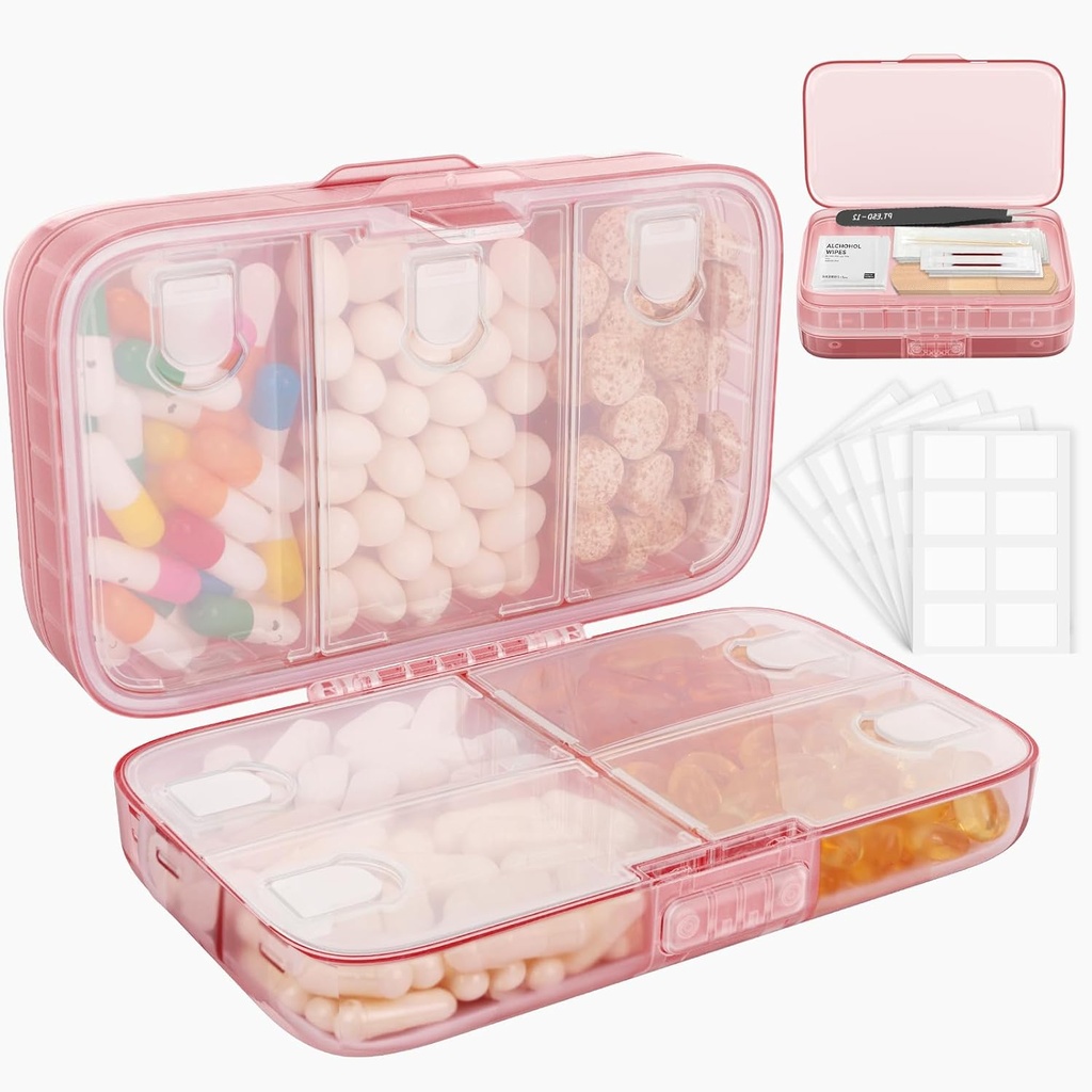 FYY Weekly Pill Organizer dengan Label, 8 Comments Travel Daily Pill Case Airtight Moistureproof Kotak Pil Besar untuk menahan Vitamin, Minyak Ikan, Suplemen, Cotton Swab dan Bandages- Pink
