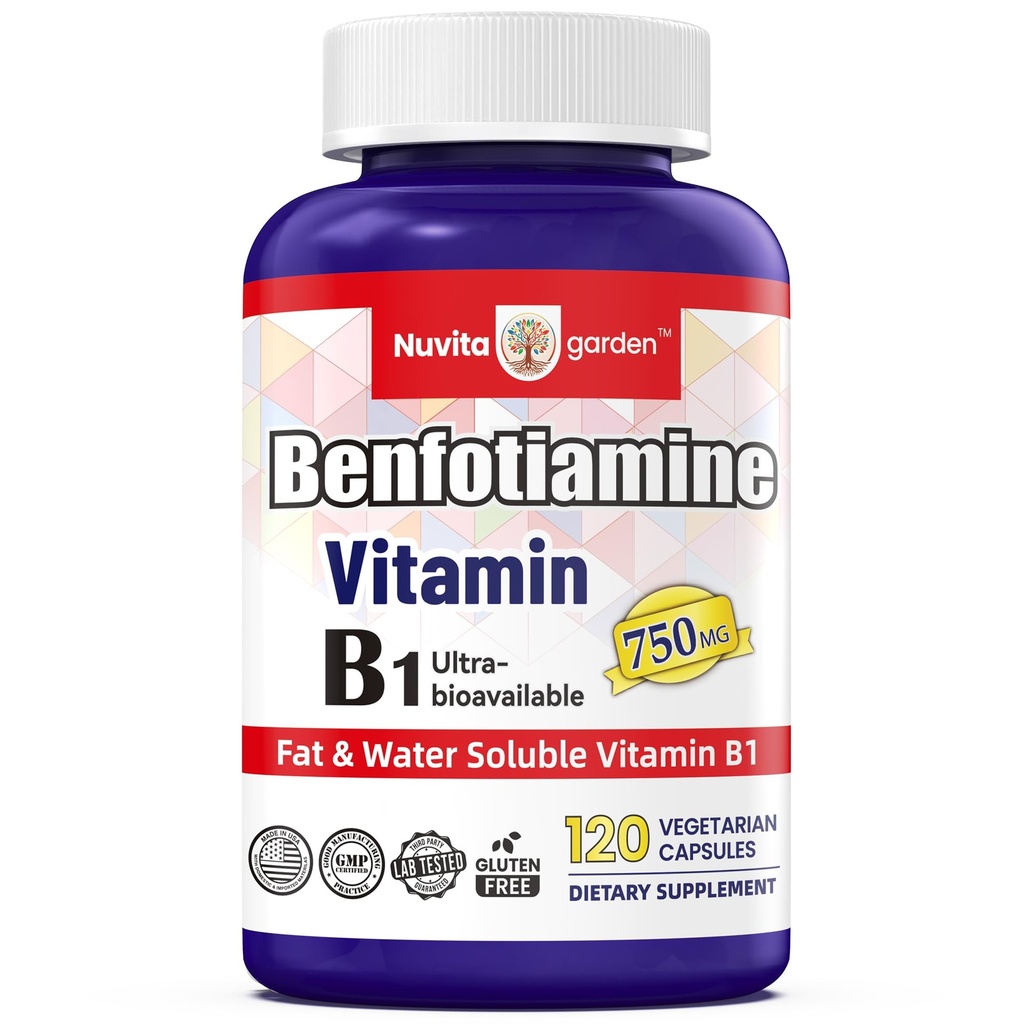 Benfotiamine 750mg, 120 Vegetarian Capsules - Fat Soluble Vitamin B1 Thiamine Supplement - 3rd Party Tested, Vegan, Non-GMO, Gluten Free