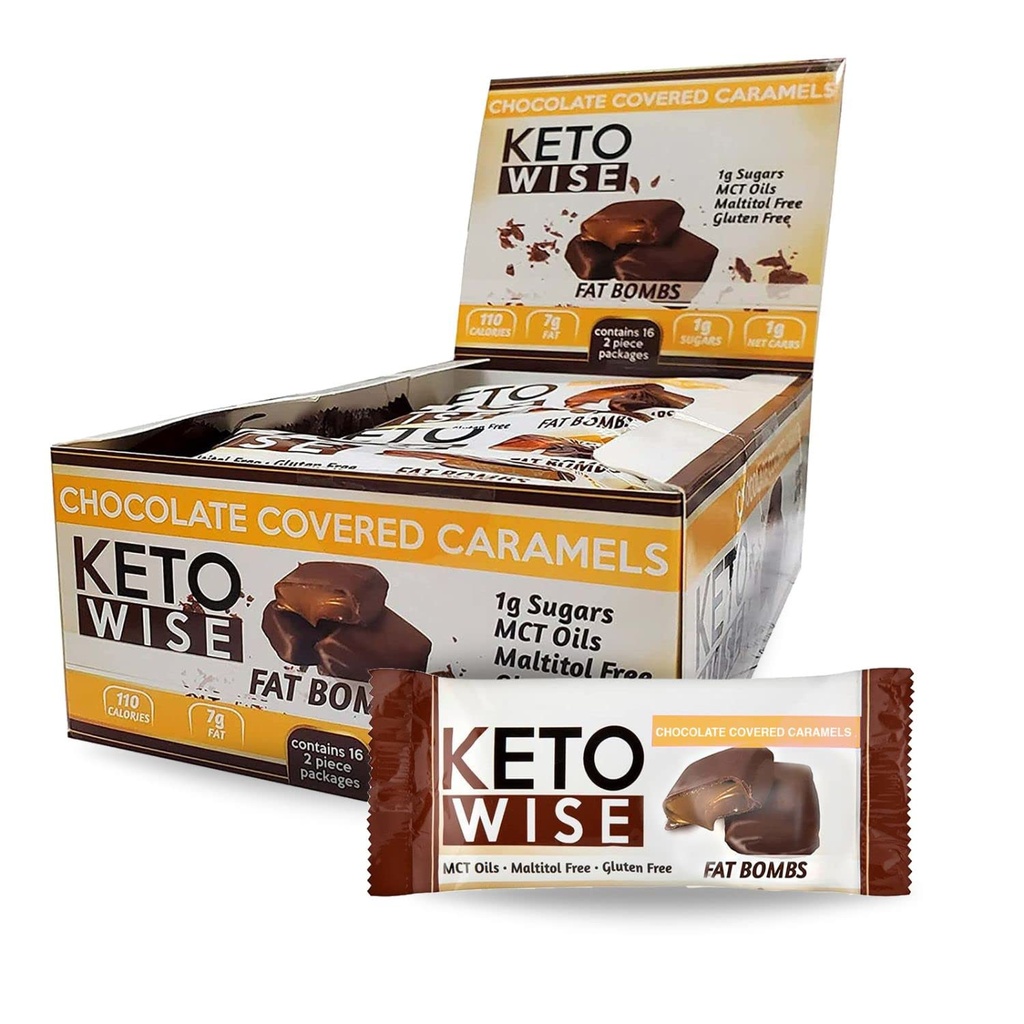Keto Wise Fat Bombs - Made with Chocolate containing MCT Oil - Low Fat, Low Carb and Keto Friendly Snack - 8g Fat, 2g Net Carbs | Chocolate Covered Caramels (Pack of 16)