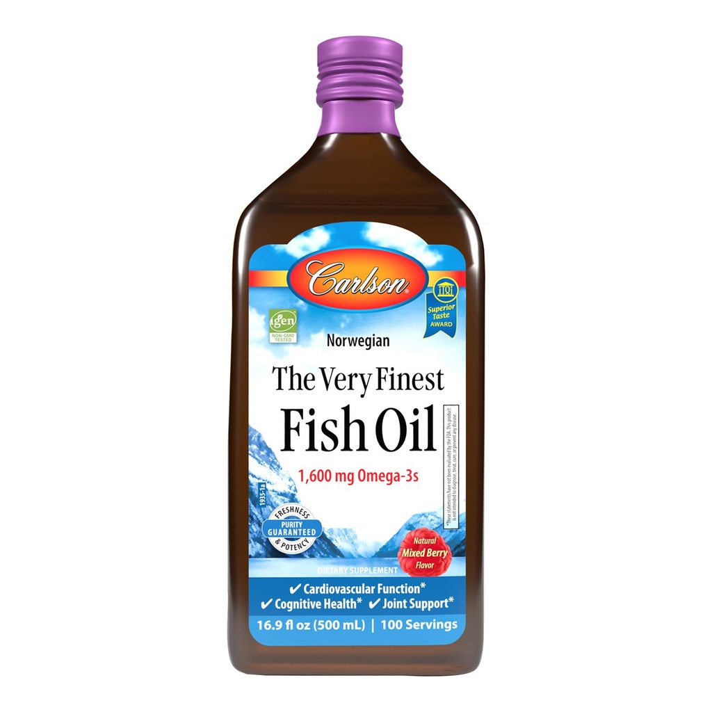 Carlson - The Very Finest Fish Oil, 1600 mg Omega-3s, Liquid Fish Oil Supplement, Norwegian Fish Oil, Wild-Caught, Sustainably Sourced Fish Oil Liquid, Mixed Berry, 500 mL (16.9 Fl Oz)…