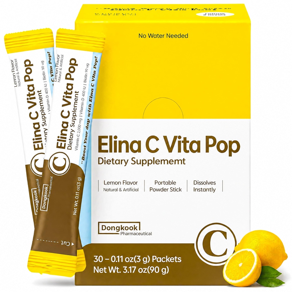 DONGKOOK Vita Pop Korean Vitamin C Powder 2,000mg Zero Sugar Vitamin D & Biotin Stick, Lemonade Drink, Vitamin C Supplements, Immune Support & Antioxidants Korean Supplements Lemon 30 Packets