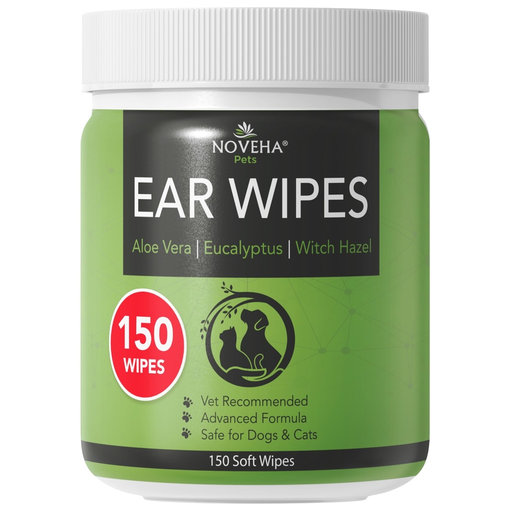 NOVEHA 150PCs Dog Ear Cleaner Wipes, Daily Ear Cleaner for Dogs & Cats - Stop Ear Itching with Aloe, Eucalyptus & Witch Hazel Ear Wipes for Dogs - for Odor Control, Dirt and Wax Removal, Unscented